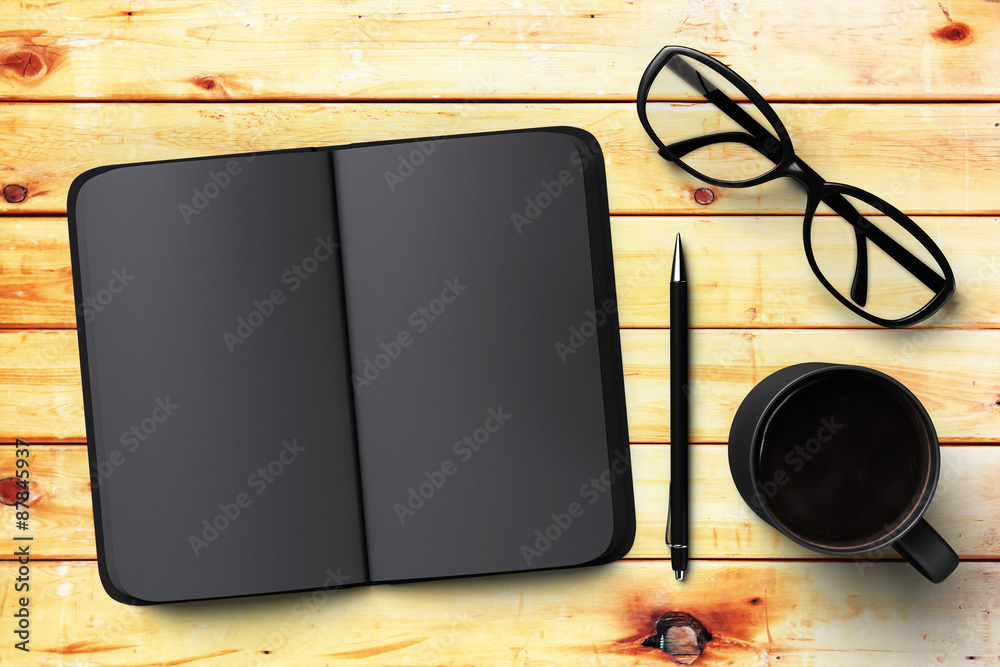 black blank notebook, cup of coffee and glasses, mock up