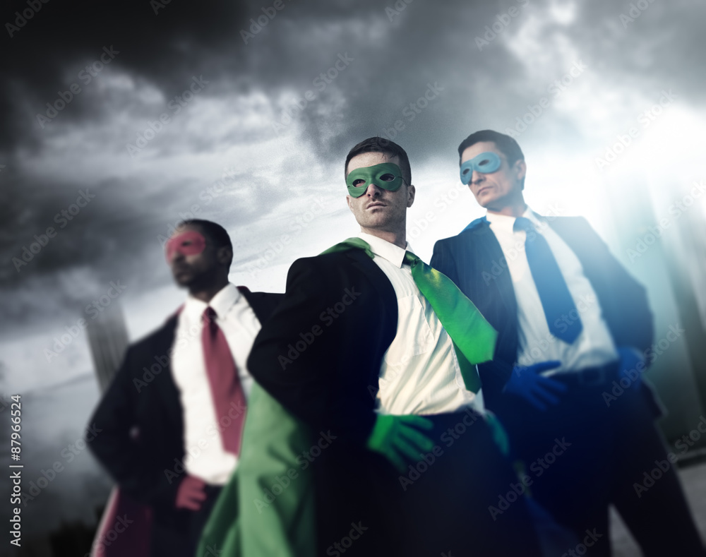 Superhero Business People Strength Cityscape Cloudscape Concept