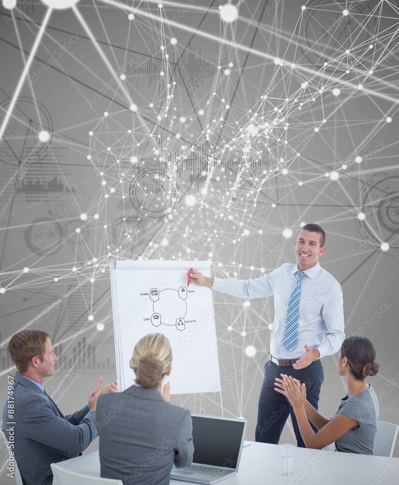 Composite image of manager presenting whiteboard to his colleague