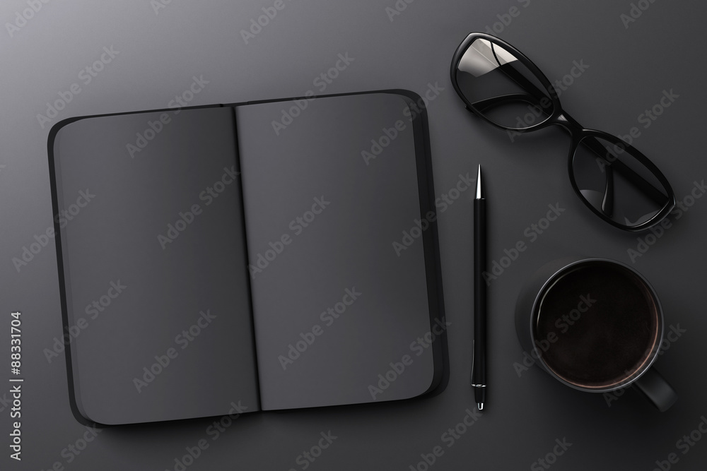 Black blank notebook, cup of coffee and glasses, mock up