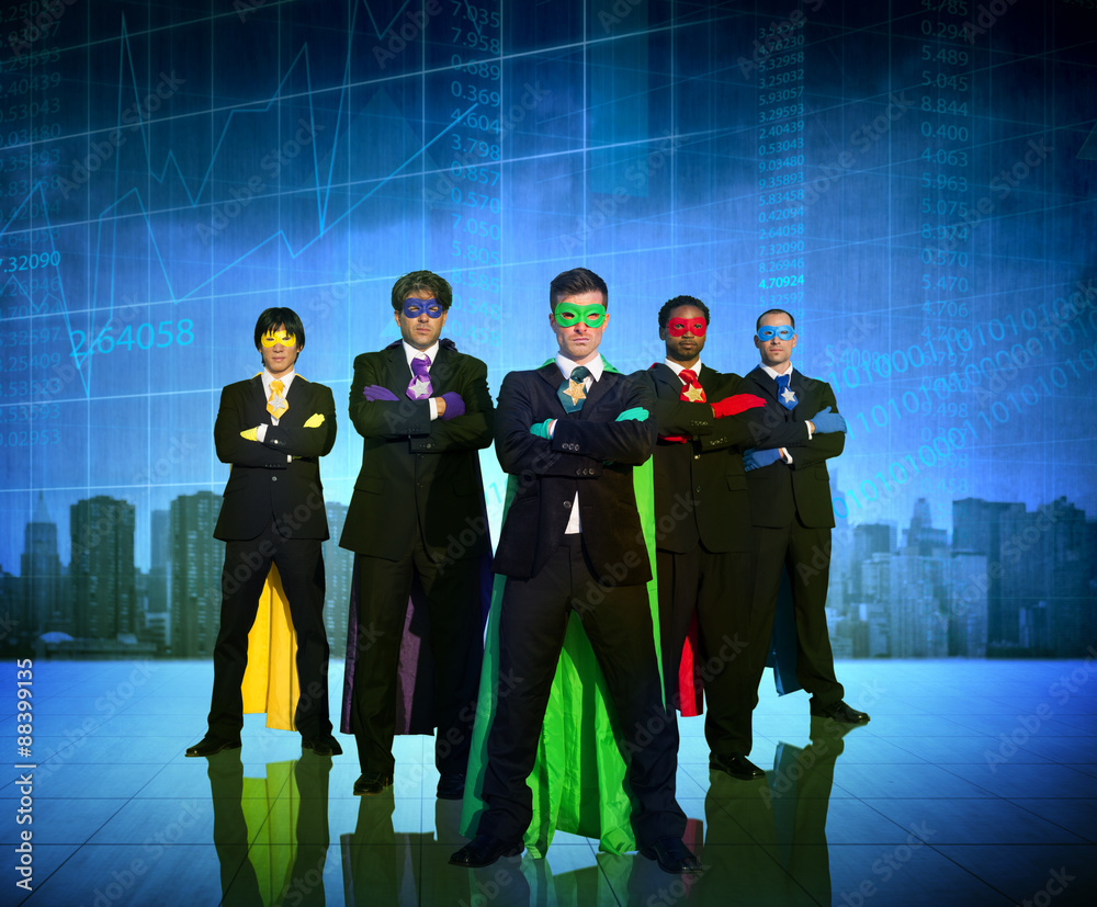 Superhero Business People Strength Cityscape Stock Exchange Conc