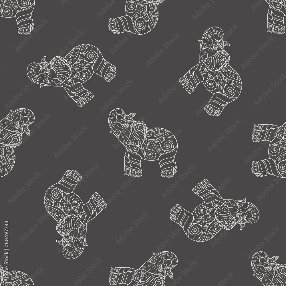 Seamless pattern with stylized patterned elephants