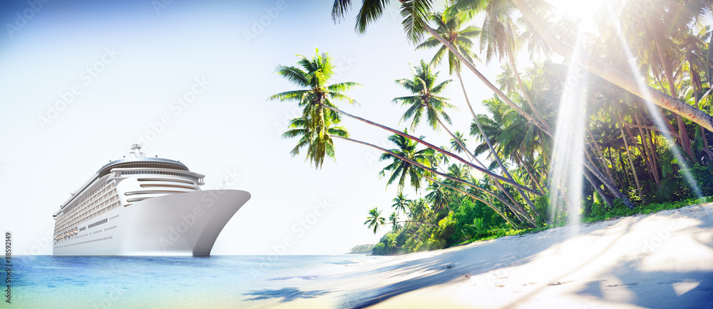 Cruise Ship Beach Sea Palm Tree Concept