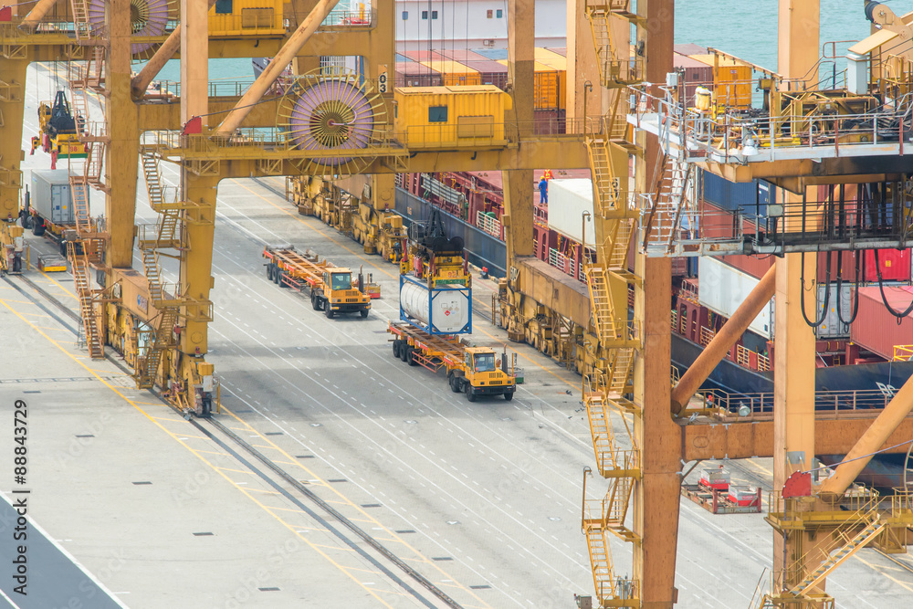 Container Cargo freight ship with working crane loading bridge i