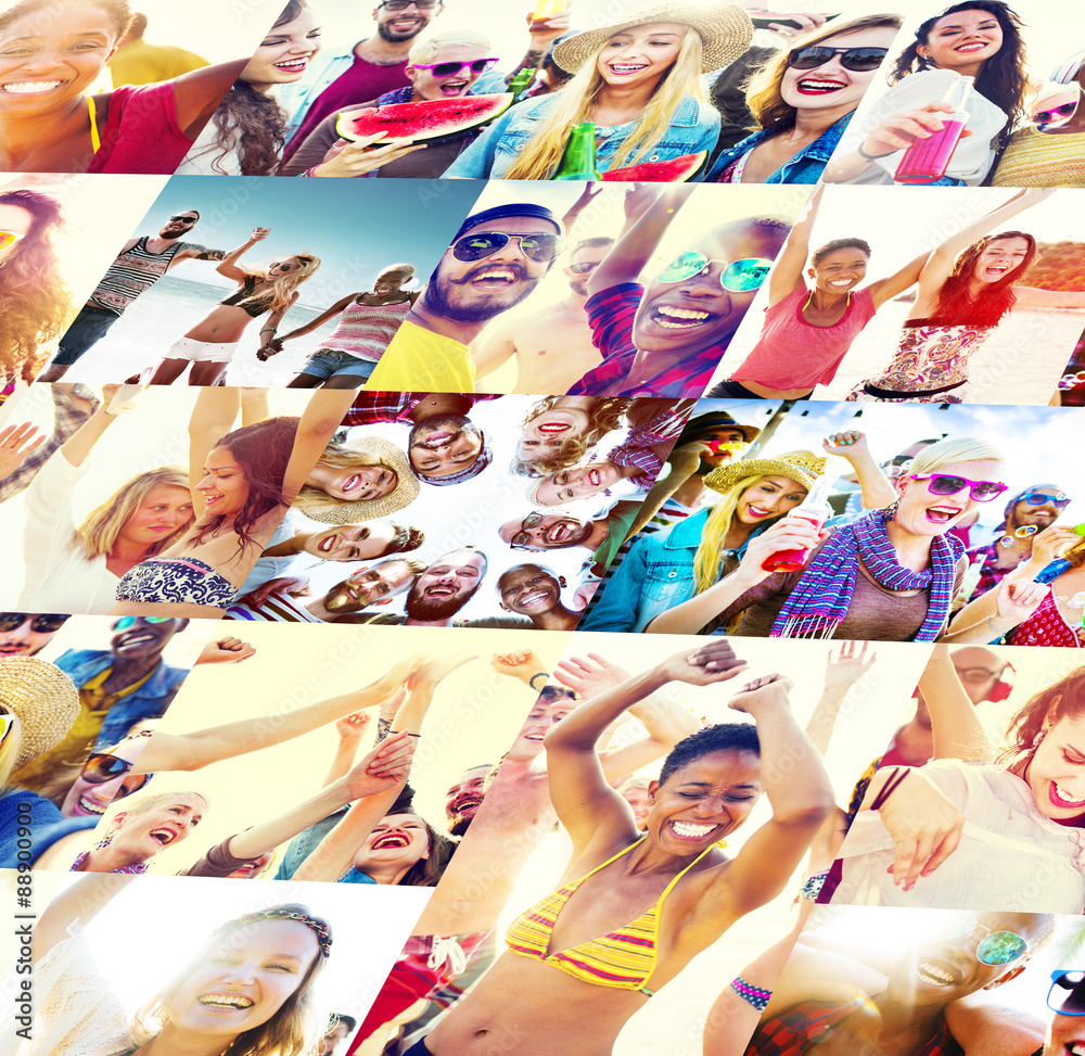 Collage Diverse Faces Summer Beach人的概念