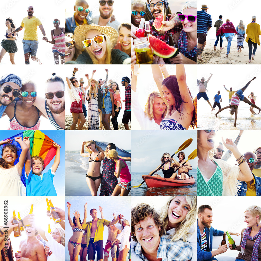 Collage Diverse Faces Summer Beach人的概念