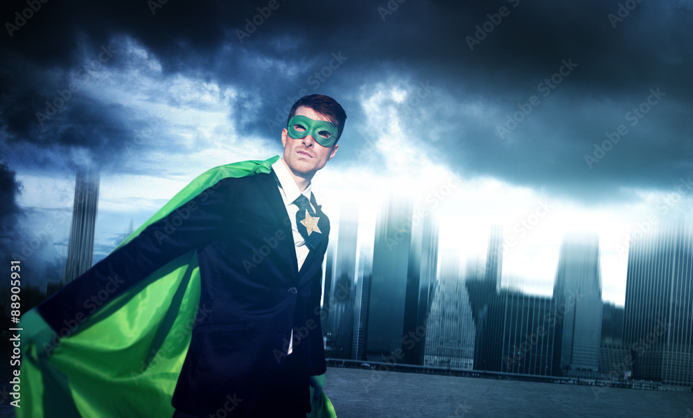 Superhero Businessman Strength Cityscape Cloudscape Concept