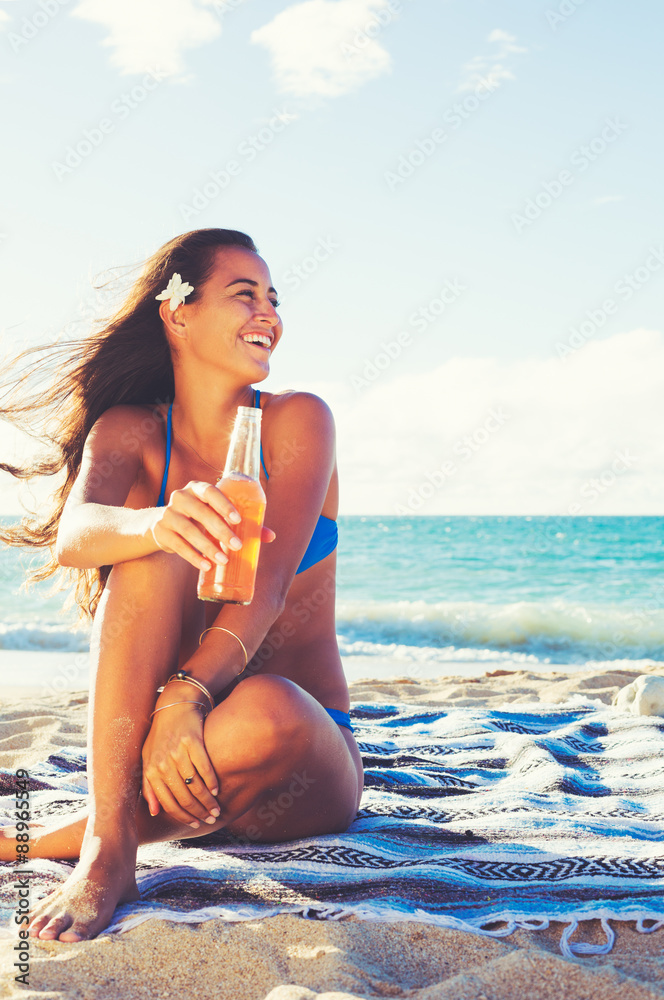 Summer Lifestyle, Happy Carefree Young Woman at the Beach