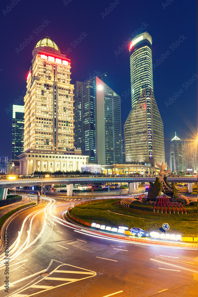 Urban landscape and modern architecture at night，in Shanghai China