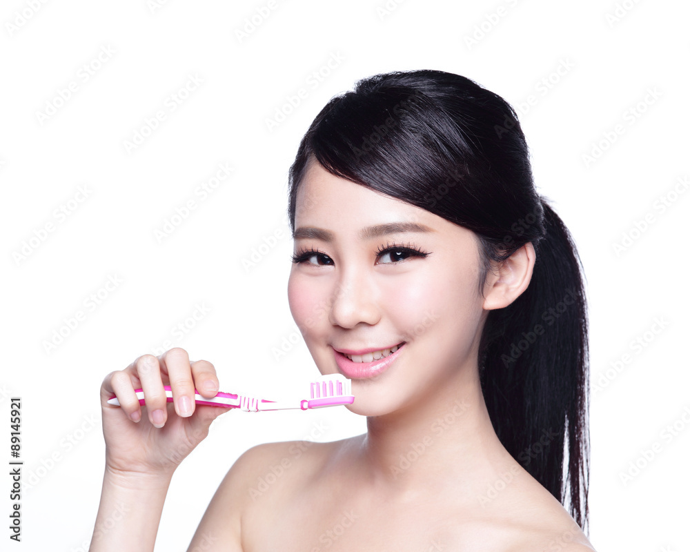 Smile woman brush teeth