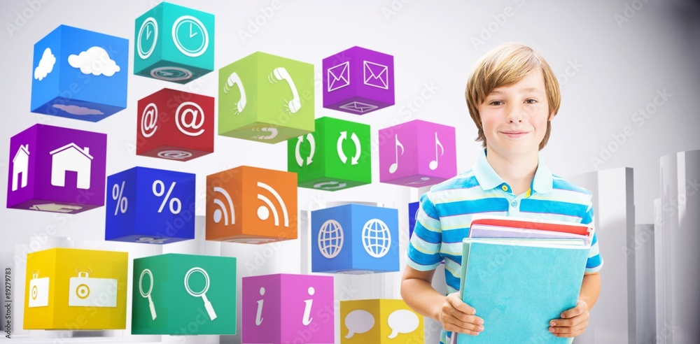 Composite image of cute pupil smiling at camera in library