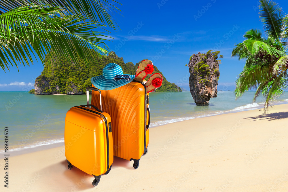 Summer holidays with baggages on the tropical beach