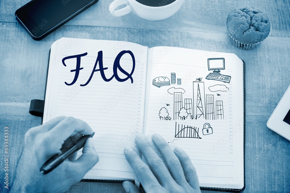 Faq against business and cityscape