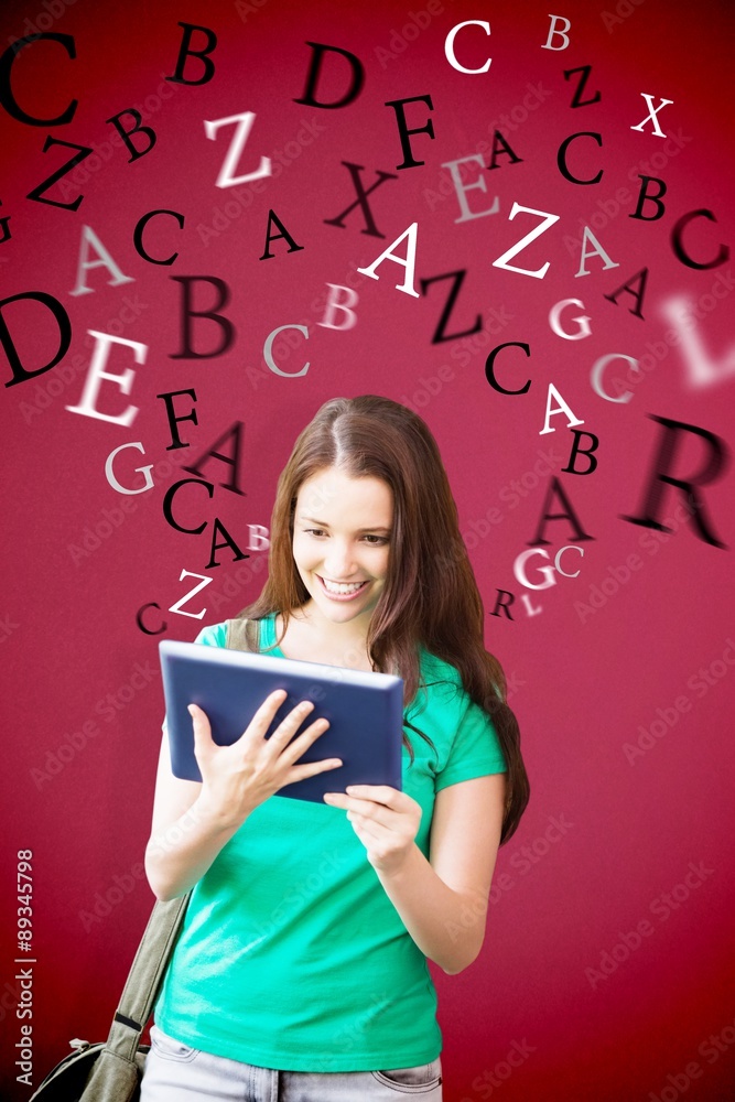 Composite image of student using her tablet in library