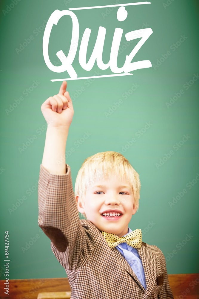 Quiz against cute pupil dressed up as teacher in classroom