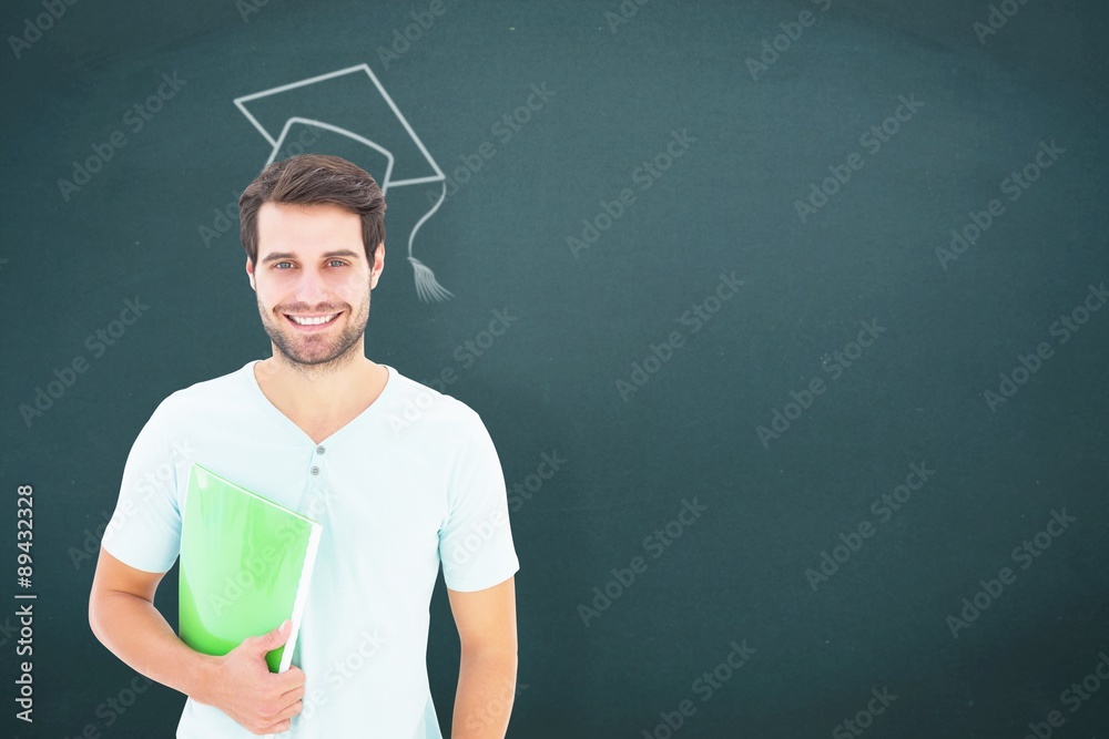 Composite image of student holding notepad