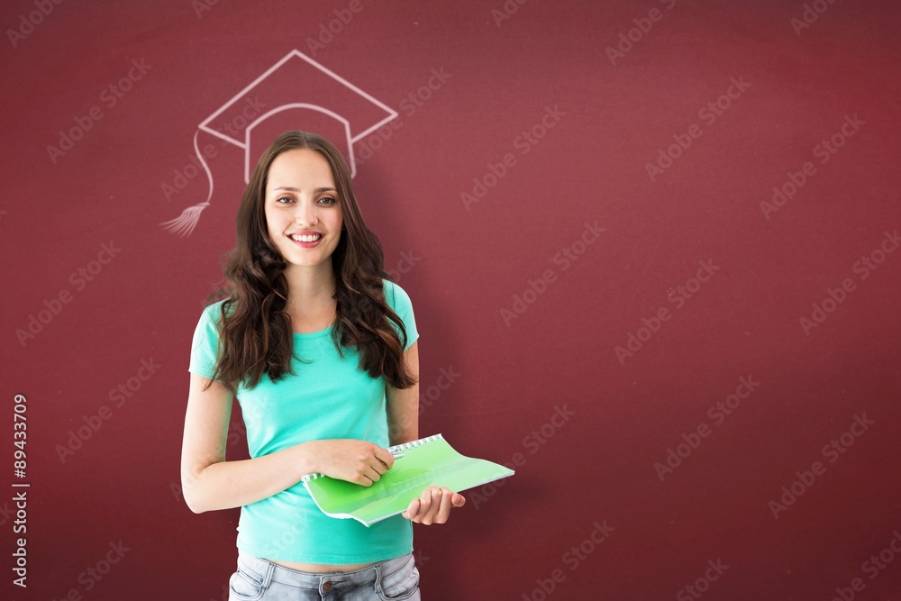 Composite image of portrait of smiling young woman with file