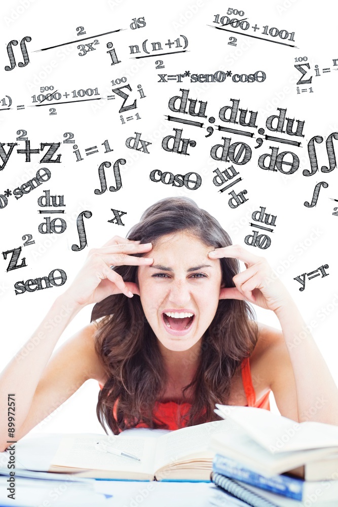 Composite image of student goes crazy doing her homework