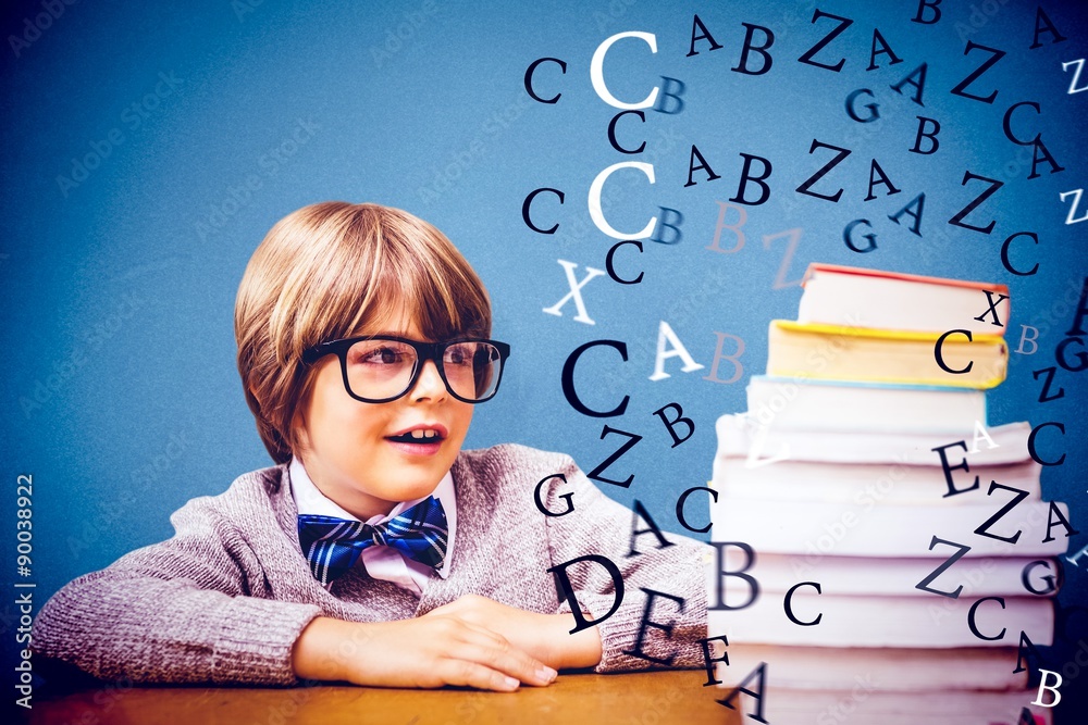 Composite image of cute pupil with pile of books