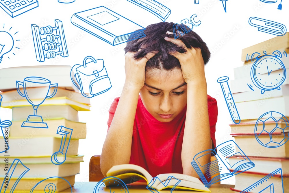 Composite image of tensed boy sitting with stack of books