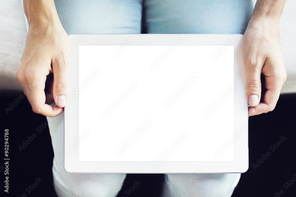 Human handsl holding blank digital tablet, mock up