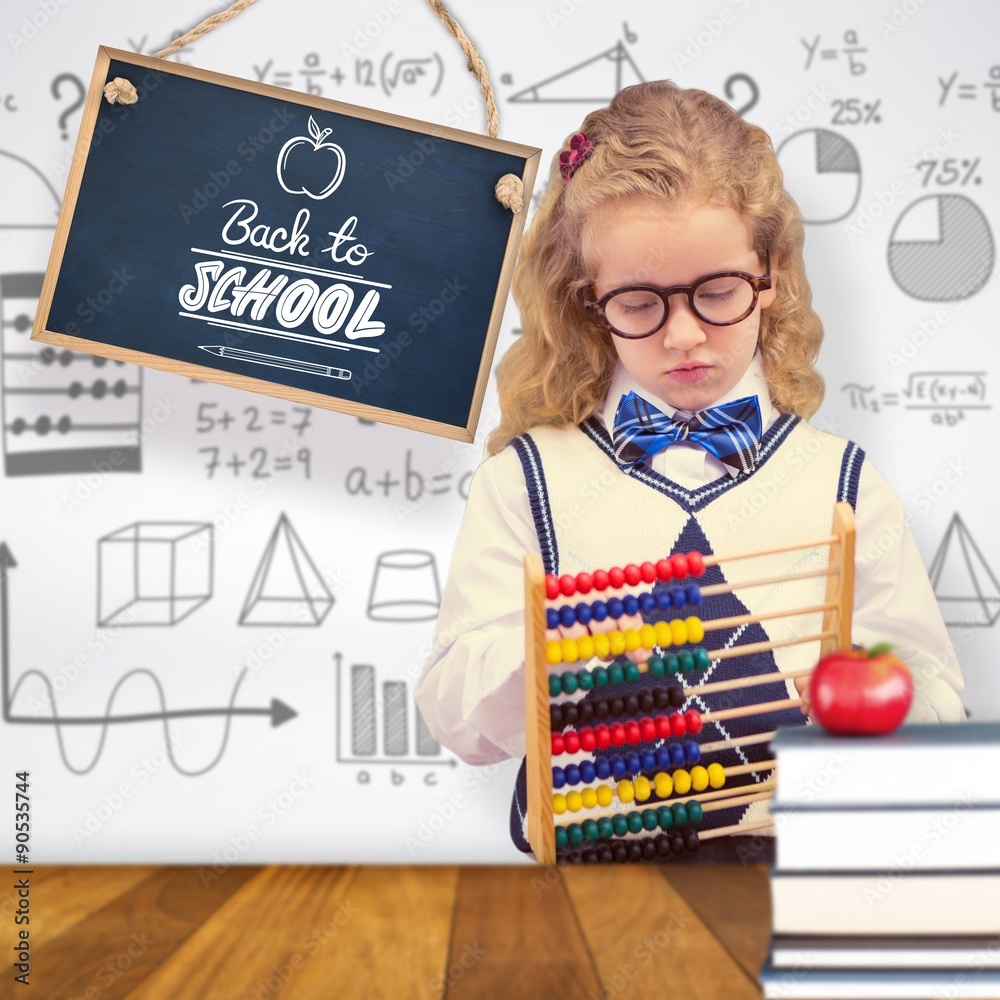 Composite image of pupil holding abacus at elementary school 