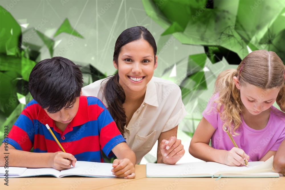 Composite image of pretty teacher helping pupils in library