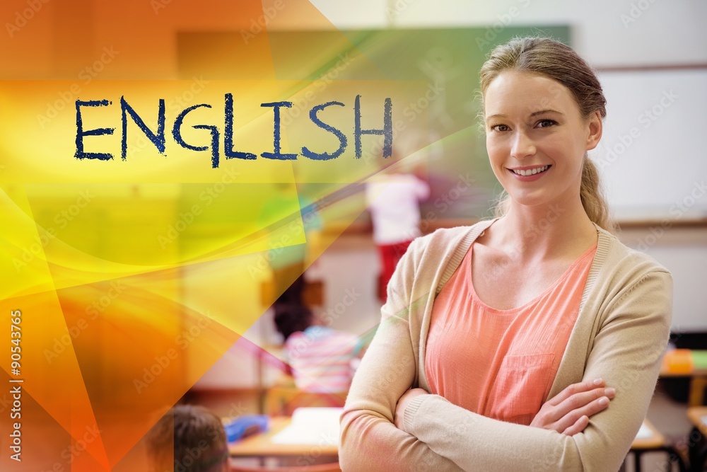 English against pretty teacher smiling at camera