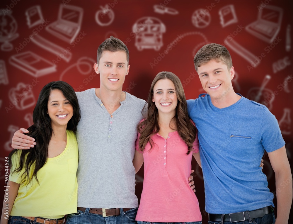 Four friends smiling and embracing each other