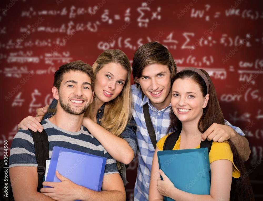 Composite image of students holding folders at college corridor