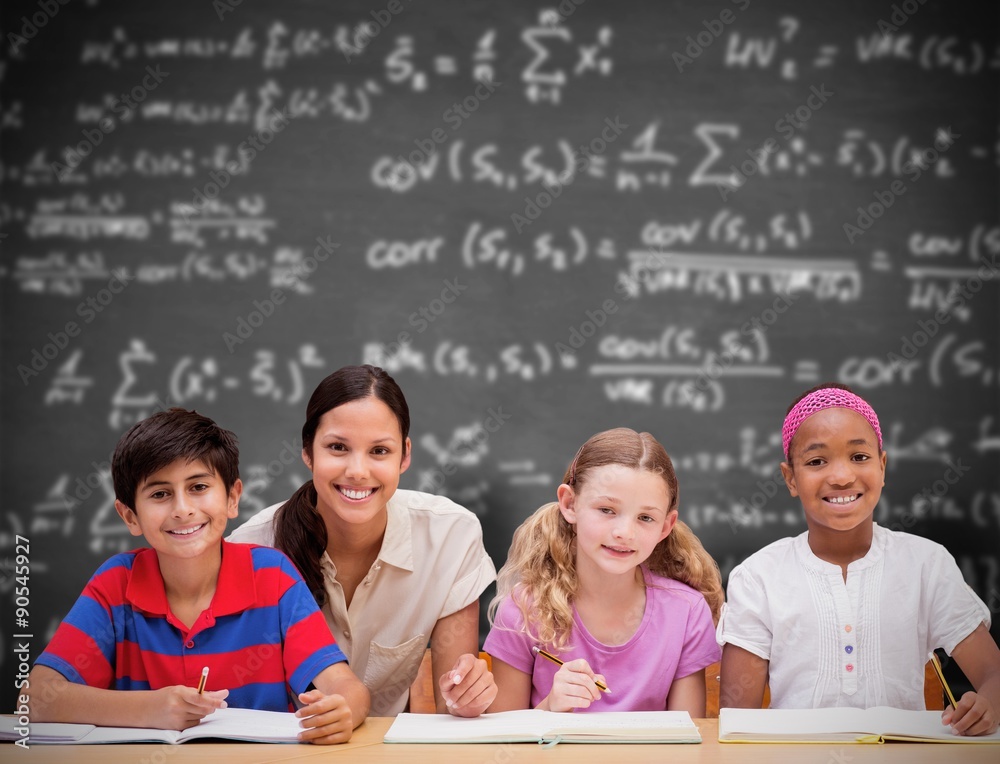 Composite image of pretty teacher helping pupils in library