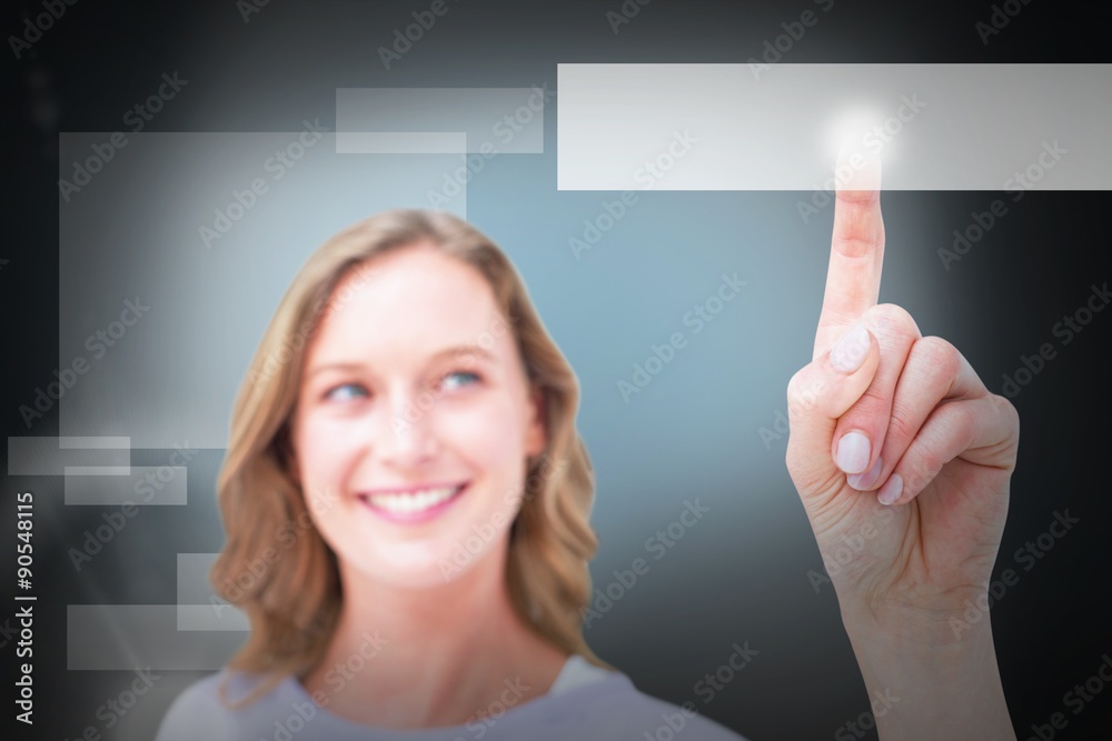 Composite image of pretty woman pointing with her finger 