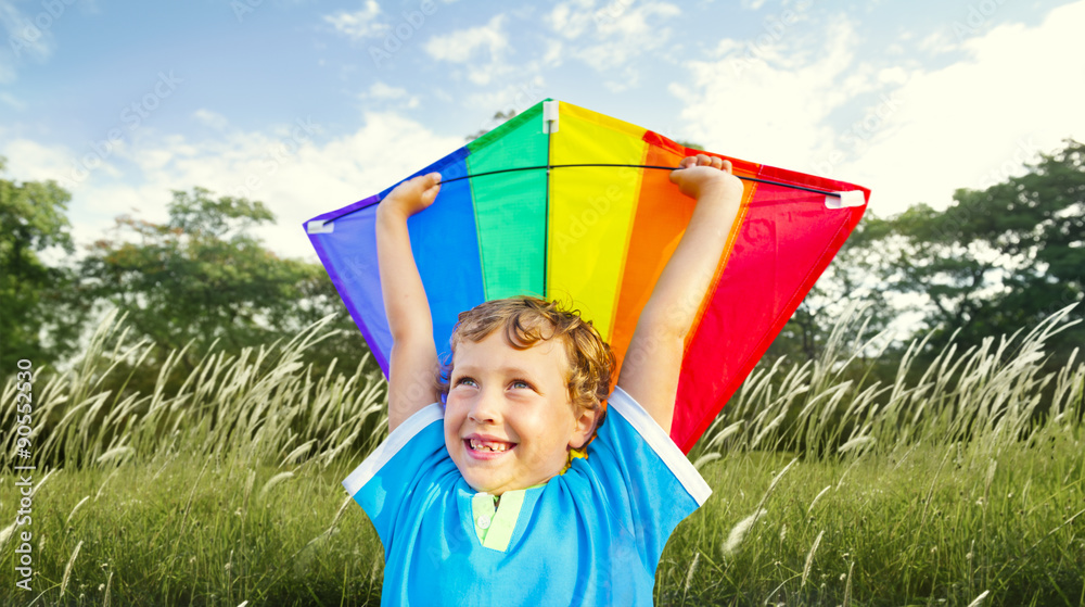 Little Boy Playing Kite Park Windy Concept