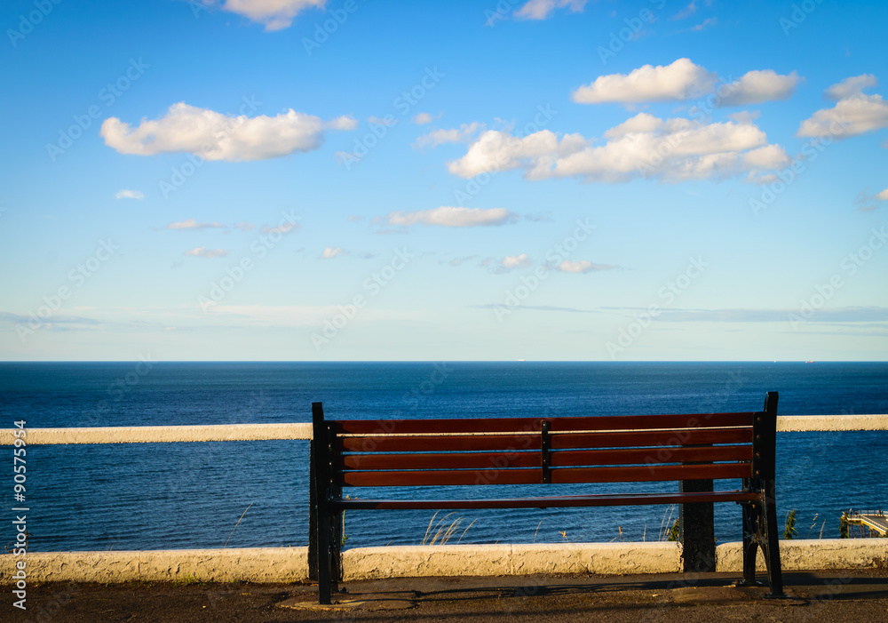 Wooden bench with the look at blue sea and the horizon