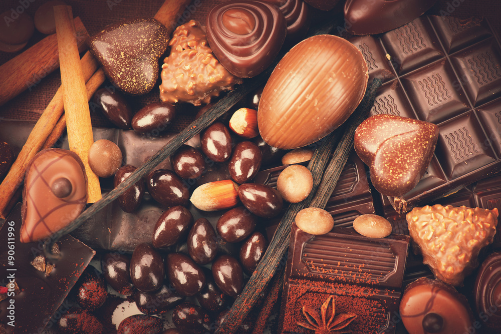 Luxury chocolates background. Praline chocolate sweets