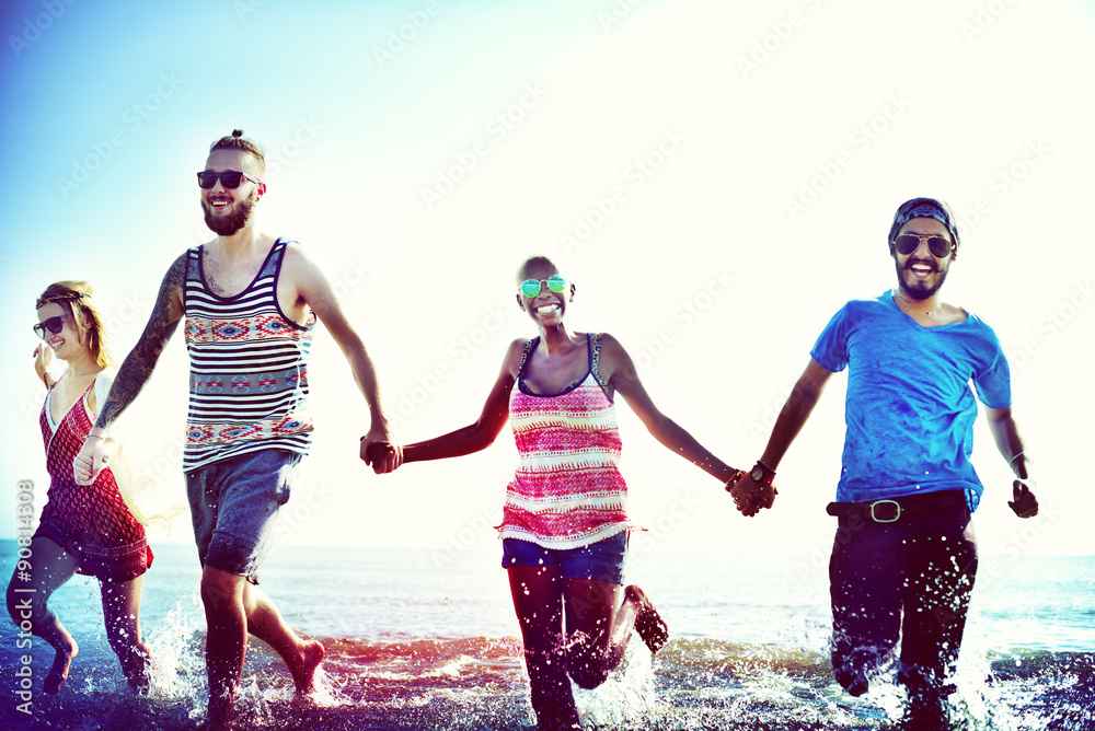 Diverse Beach Summer Friends Fun Running Concept