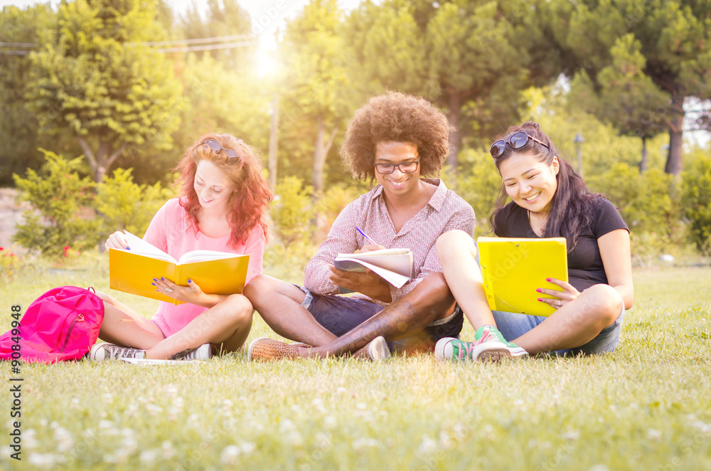 three students studying and laughing in the park - people, lifestyle and nature concept