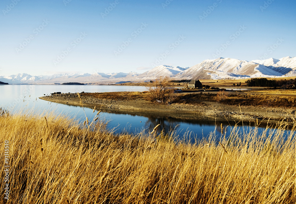 Cottage Rural Scene Mountain Lake Countryside Concept