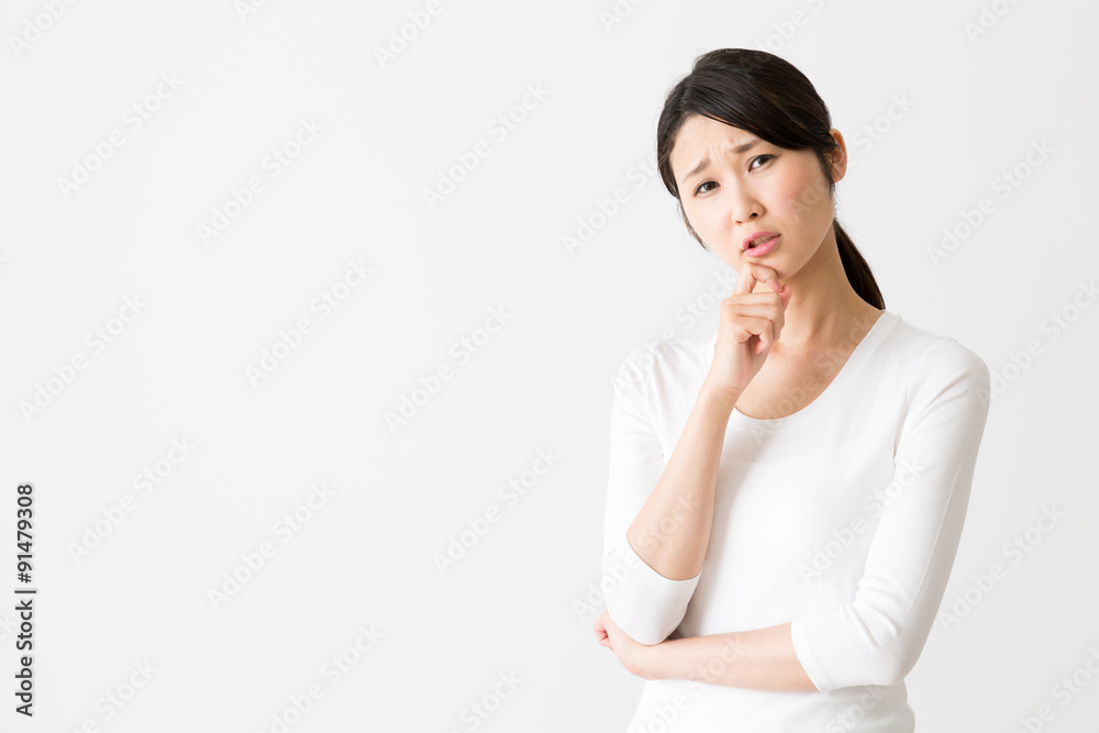 portrait of attractive asian woman on white background