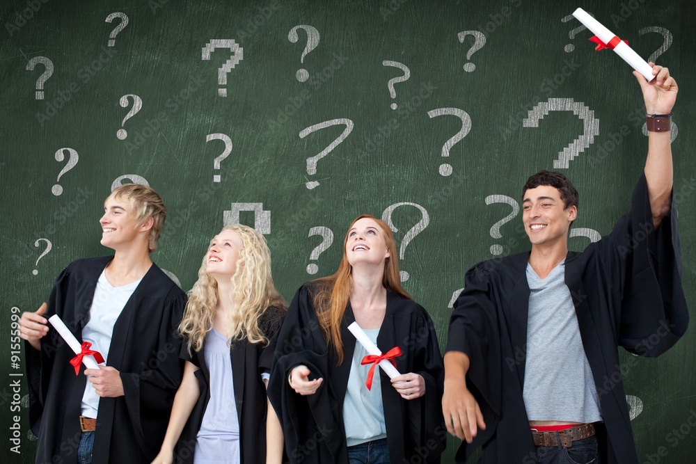 Composite image of group of people celebrating after graduation