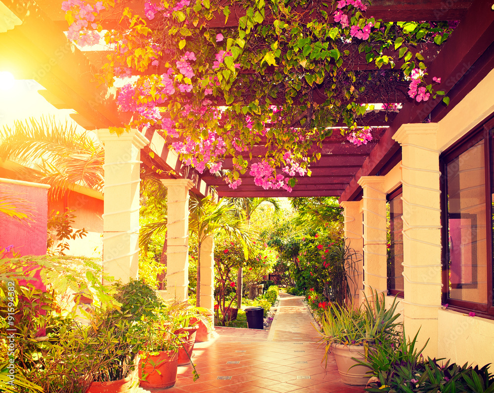 Beautiful vintage landscaped terrace of a house with flowers