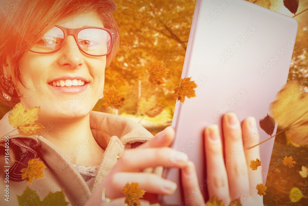 Composite image of portrait of smiling woman in glasses