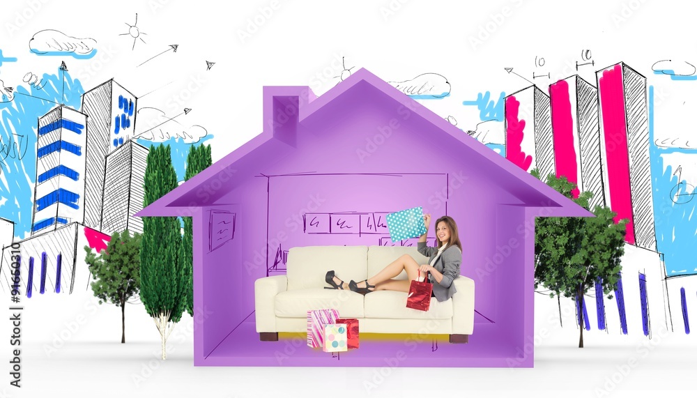 Composite image of woman lying on couch with shopping bags