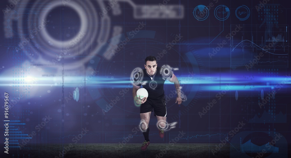 Composite image of rugby player running with the ball