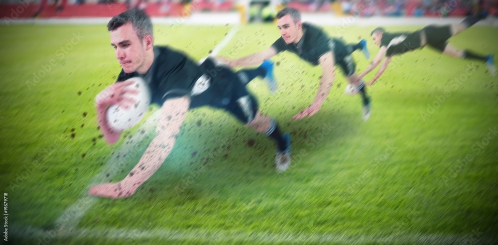 Composite image of a rugby player scoring a try