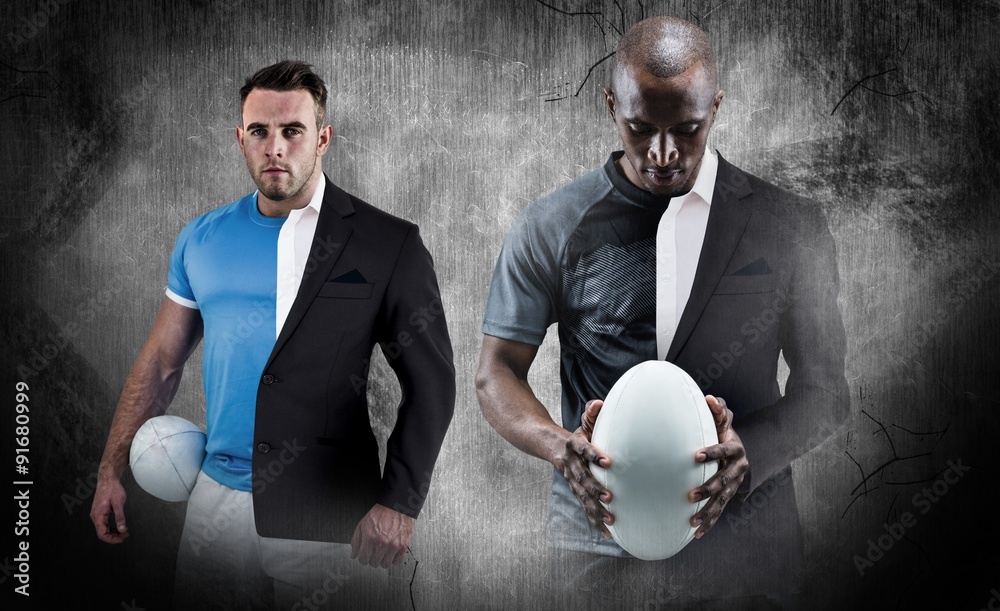 Composite image of thoughtful athlete looking at rugby ball