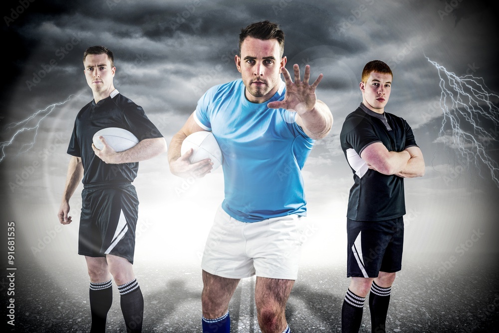 Composite image of tough rugby players