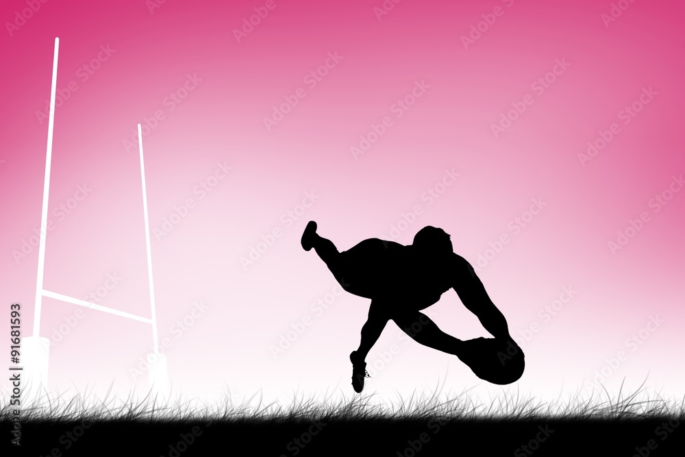 Composite image of rugby player scoring a try