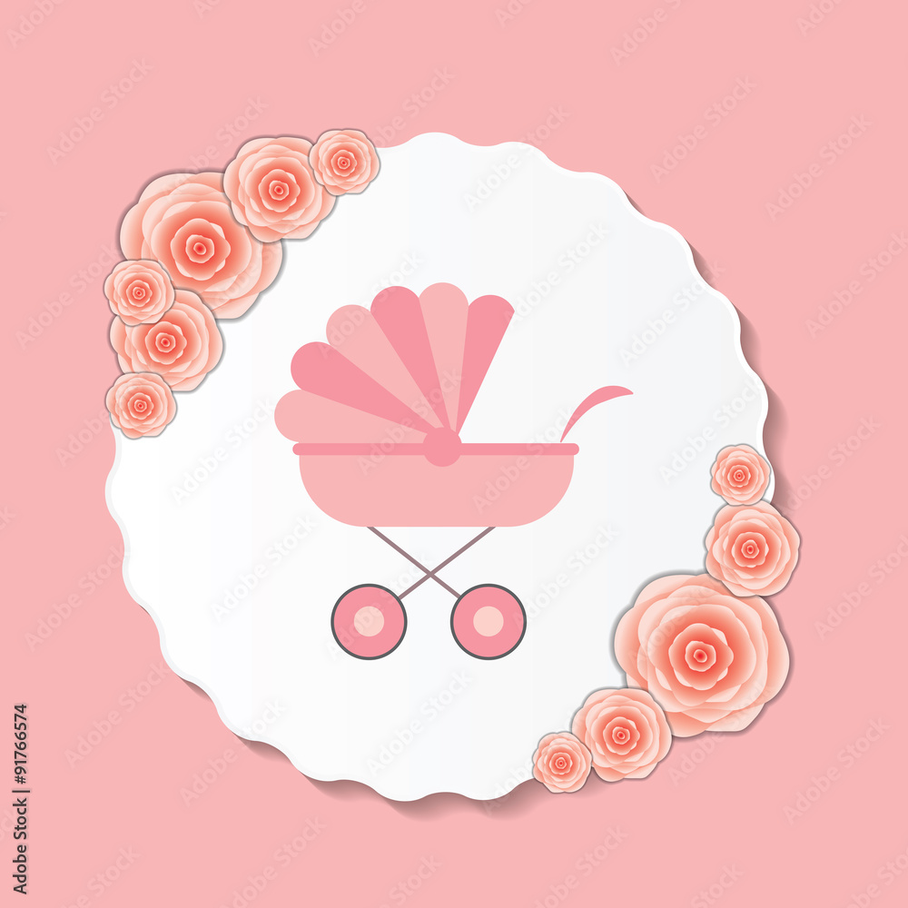 Vector Illustration of Pink Baby Carriage for Newborn Girl