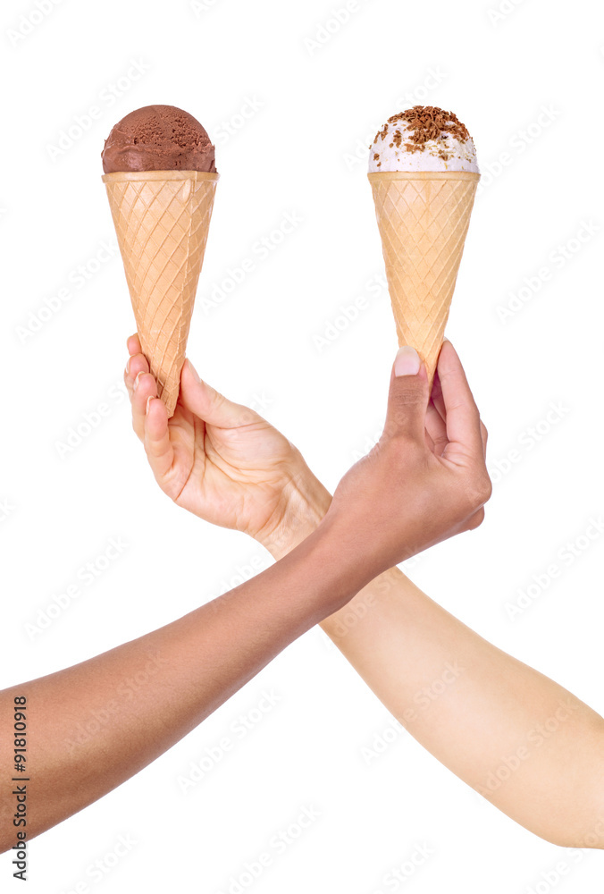 hands holding ice cream isolated on white